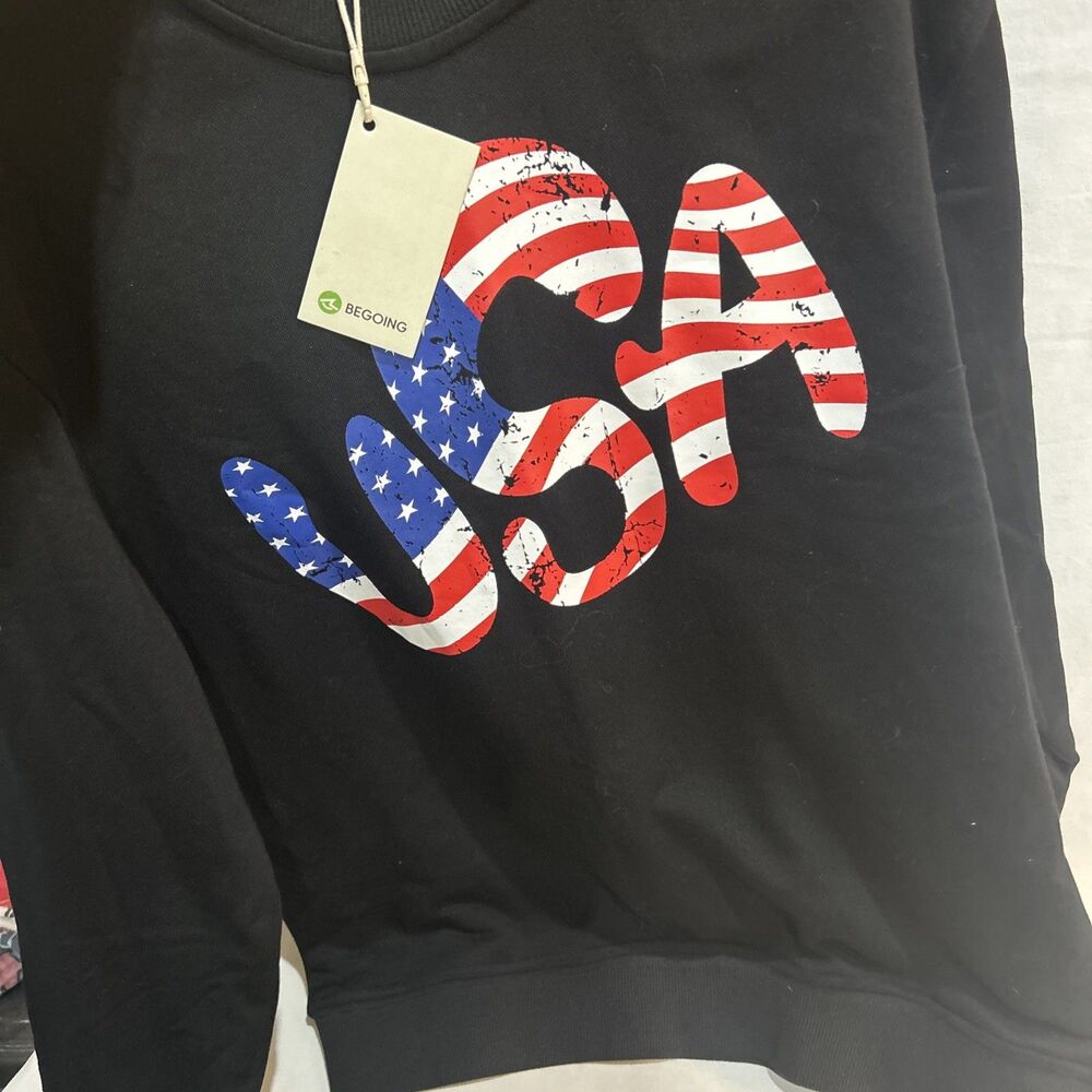 New BEGOING Womens Oversized USA Graphic Black Sweatshirt Medium - Picture 12 of 15